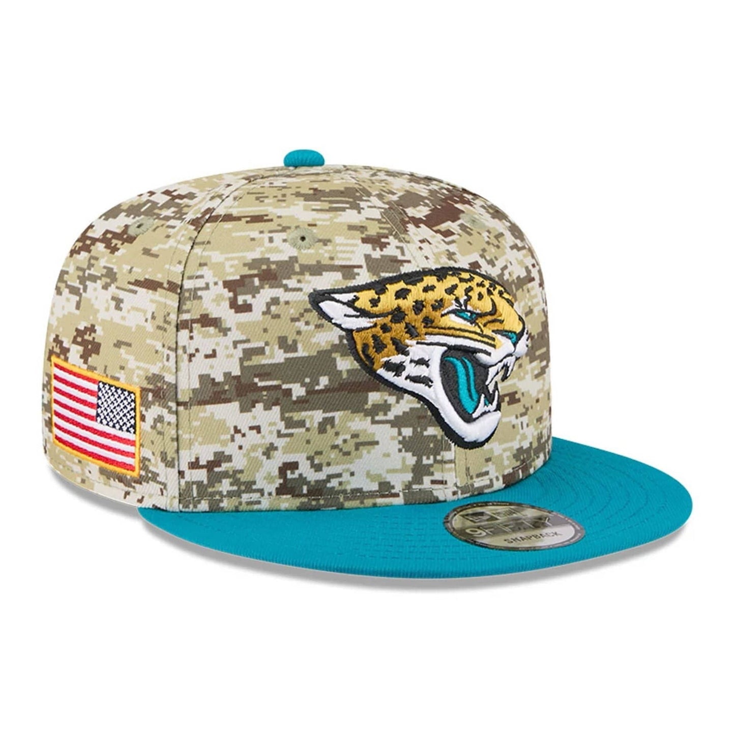 This is a Jacksonville Jaguars NFL Salute To Service 2025 Turquoise 9FIFTY Snapback Adjustable Cap 1