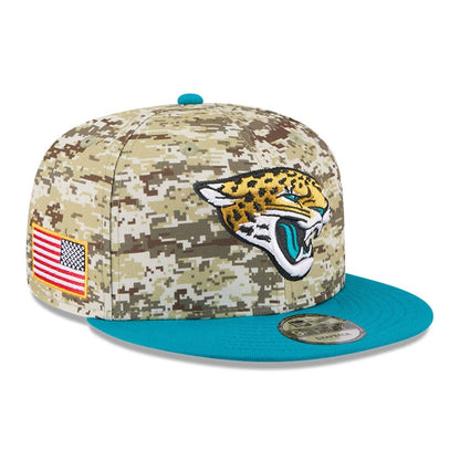 This is a Jacksonville Jaguars NFL Salute To Service 2025 Turquoise 9FIFTY Snapback Adjustable Cap 1