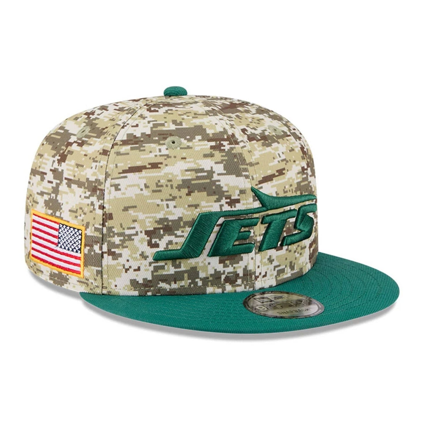 This is a New York Jets NFL Salute To Service 2025 Green 9FIFTY Snapback Adjustable Cap 1