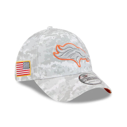 This is a Denver Broncos NFL Salute To Service 2025 Grey Camo 39THIRTY Stretch Fit Cap 1
