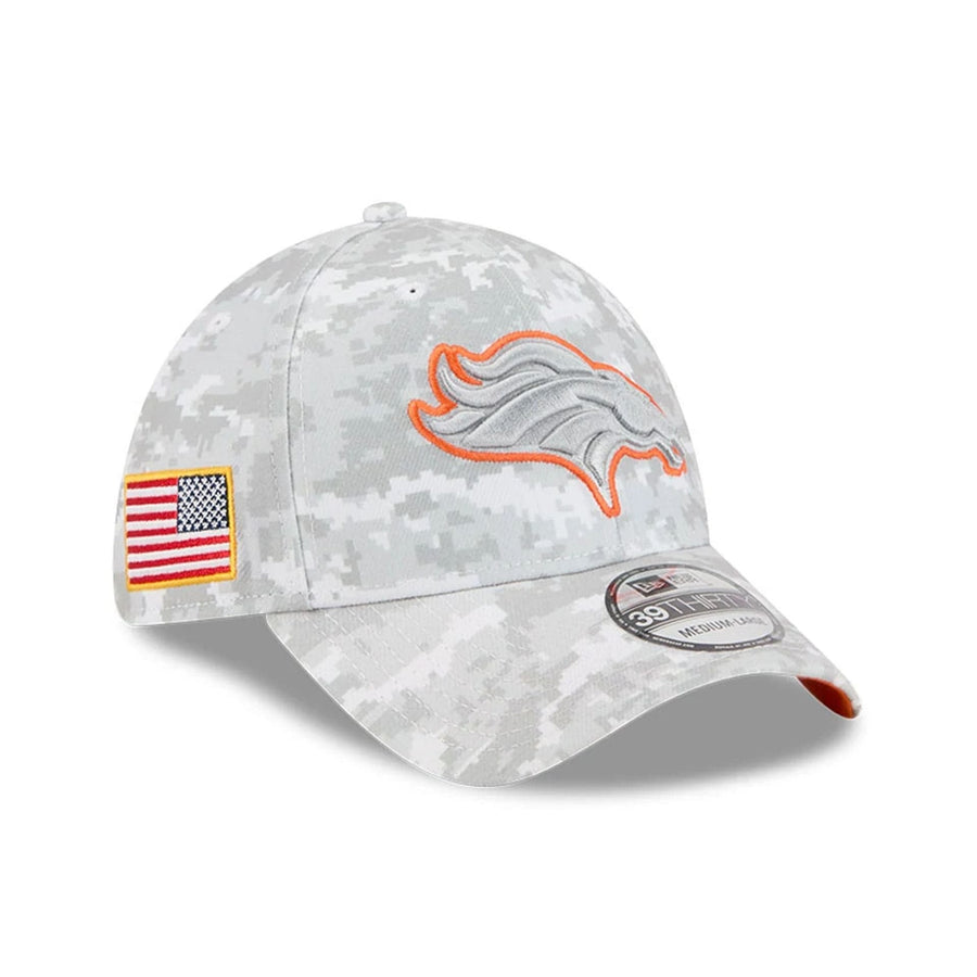 This is a Denver Broncos NFL Salute To Service 2025 Grey Camo 39THIRTY Stretch Fit Cap 1