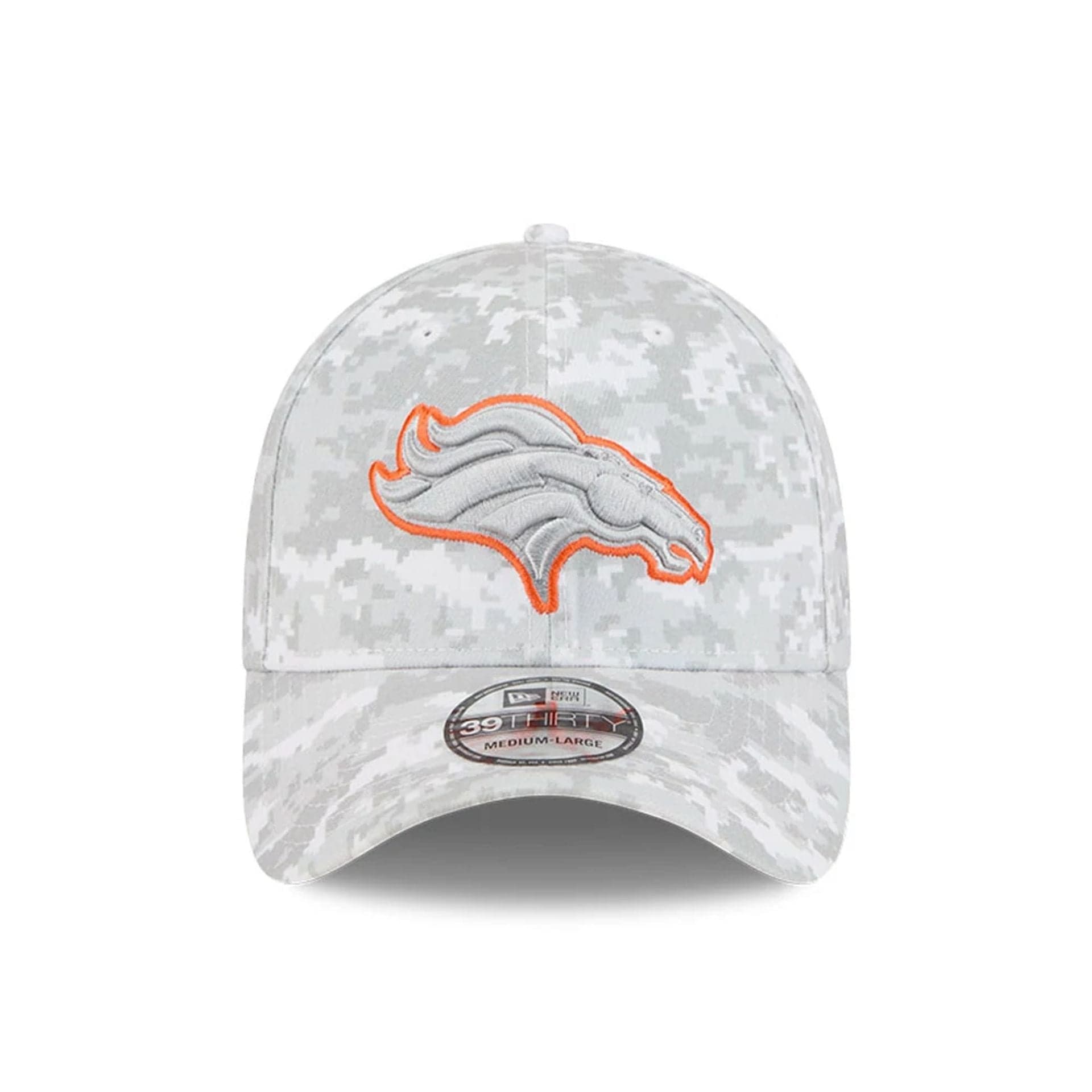 This is a Denver Broncos NFL Salute To Service 2025 Grey Camo 39THIRTY Stretch Fit Cap 3
