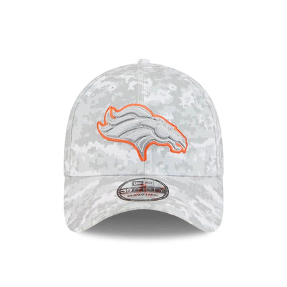This is a Denver Broncos NFL Salute To Service 2025 Grey Camo 39THIRTY Stretch Fit Cap 3