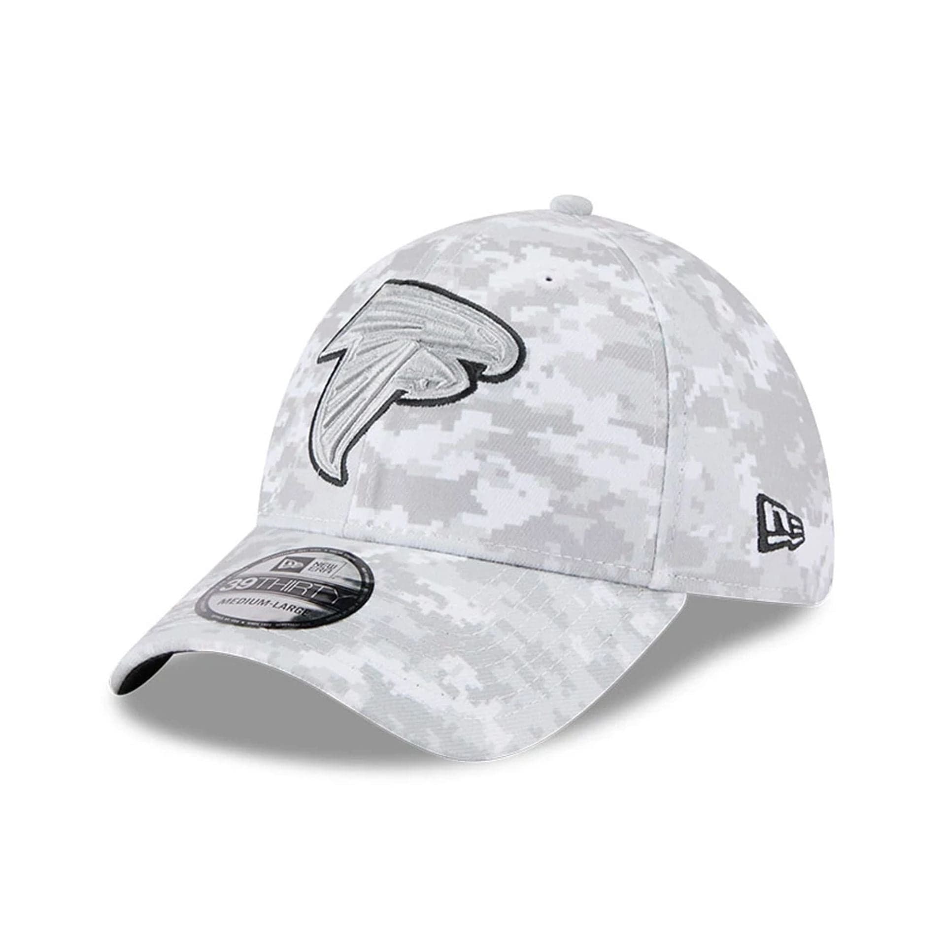 This is a Atlanta Falcons NFL Salute To Service 2025 Grey Camo 39THIRTY Stretch Fit Cap 4