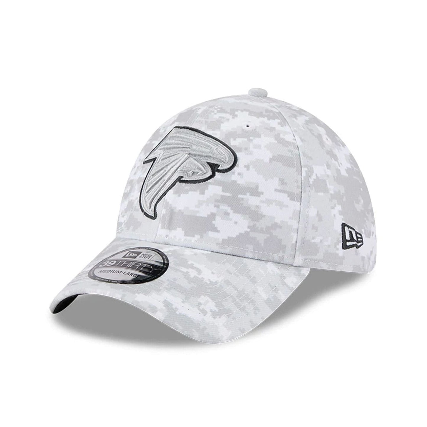 This is a Atlanta Falcons NFL Salute To Service 2025 Grey Camo 39THIRTY Stretch Fit Cap 4