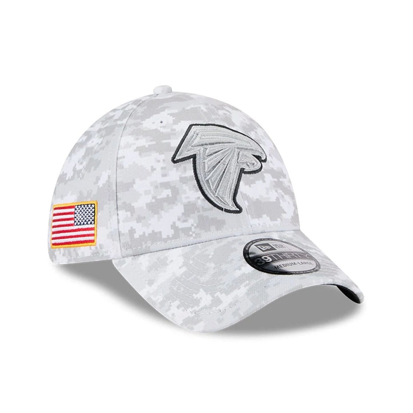 This is a Atlanta Falcons NFL Salute To Service 2025 Grey Camo 39THIRTY Stretch Fit Cap 1