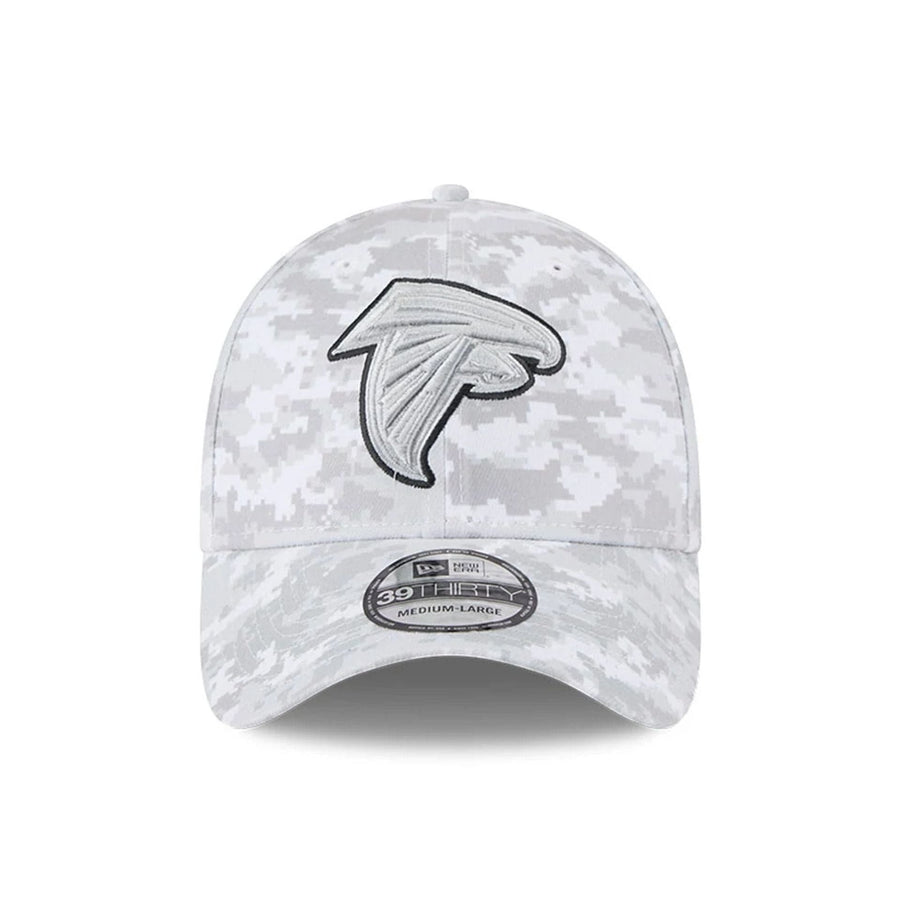This is a Atlanta Falcons NFL Salute To Service 2025 Grey Camo 39THIRTY Stretch Fit Cap 3