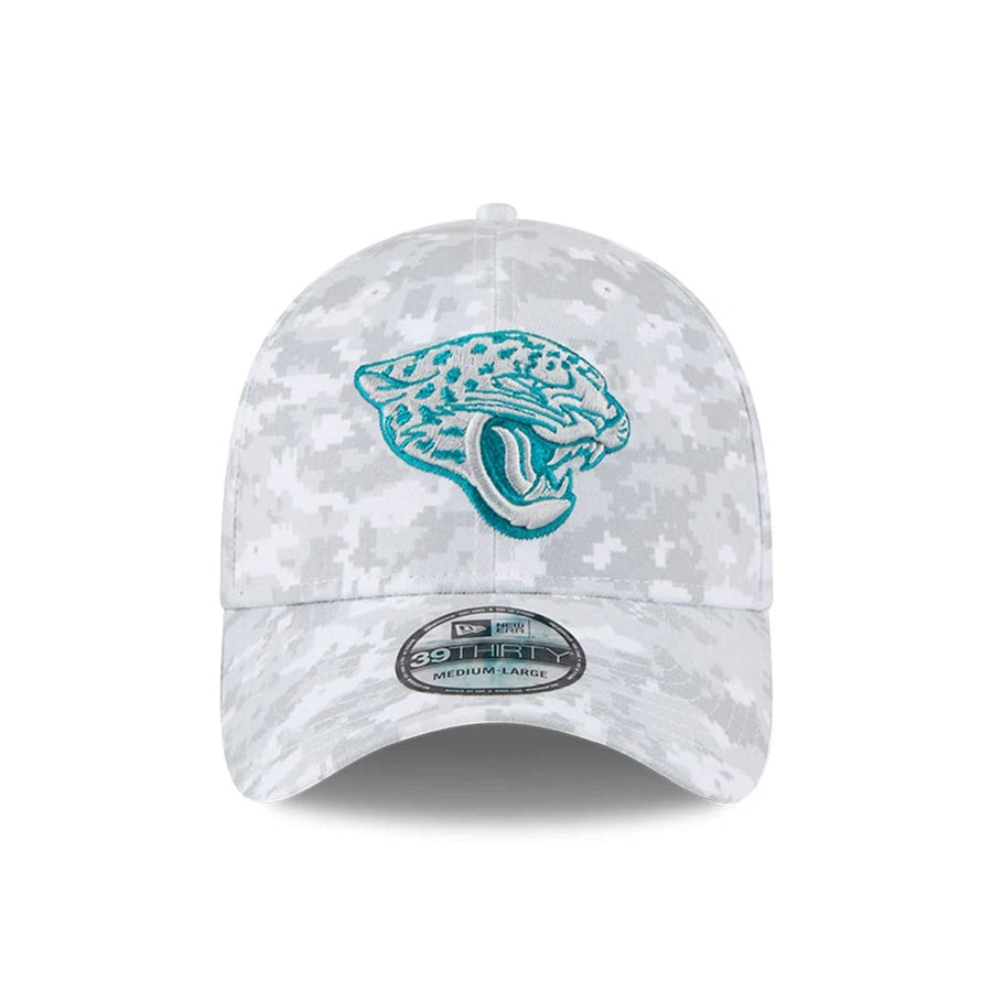 This is a Jacksonville Jaguars NFL Salute To Service 2025 Grey Camo 39THIRTY Stretch Fit Cap 3
