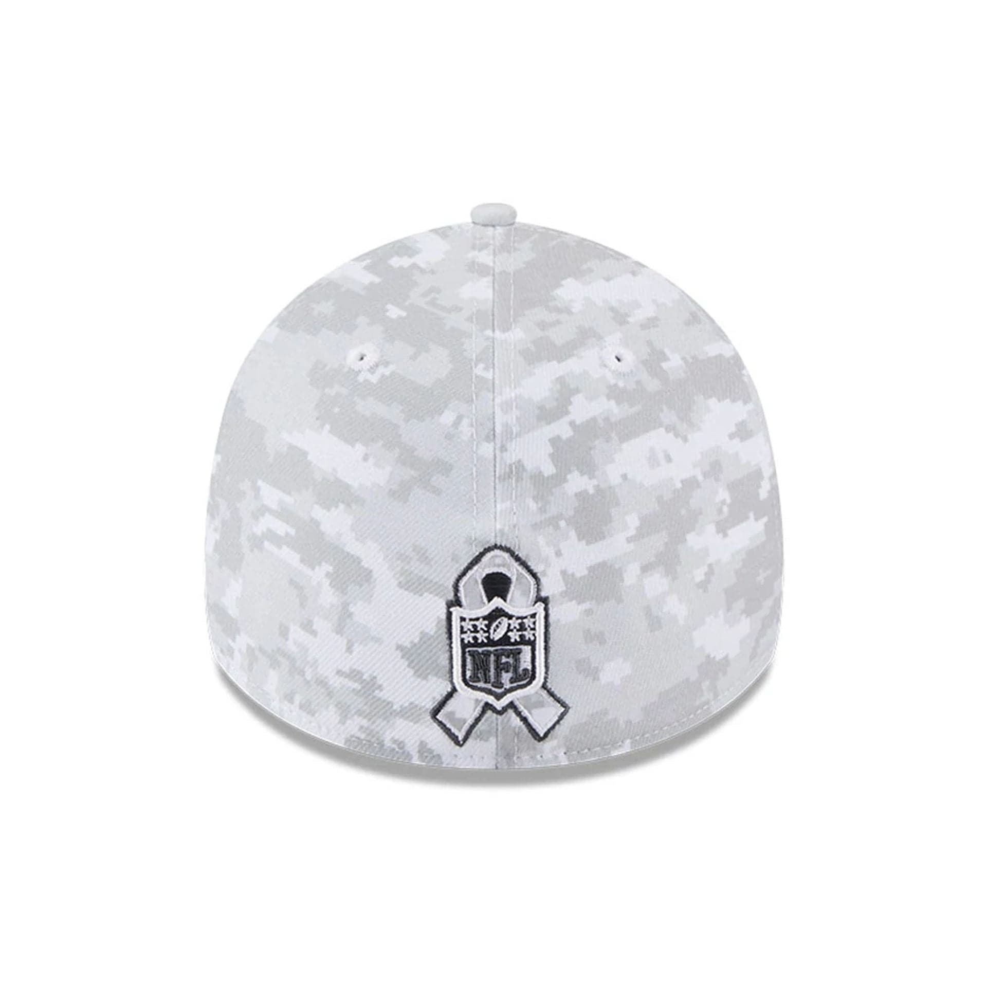 This is a Las Vegas Raiders NFL Salute To Service 2025 Grey Camo 39THIRTY Stretch Fit Cap 7