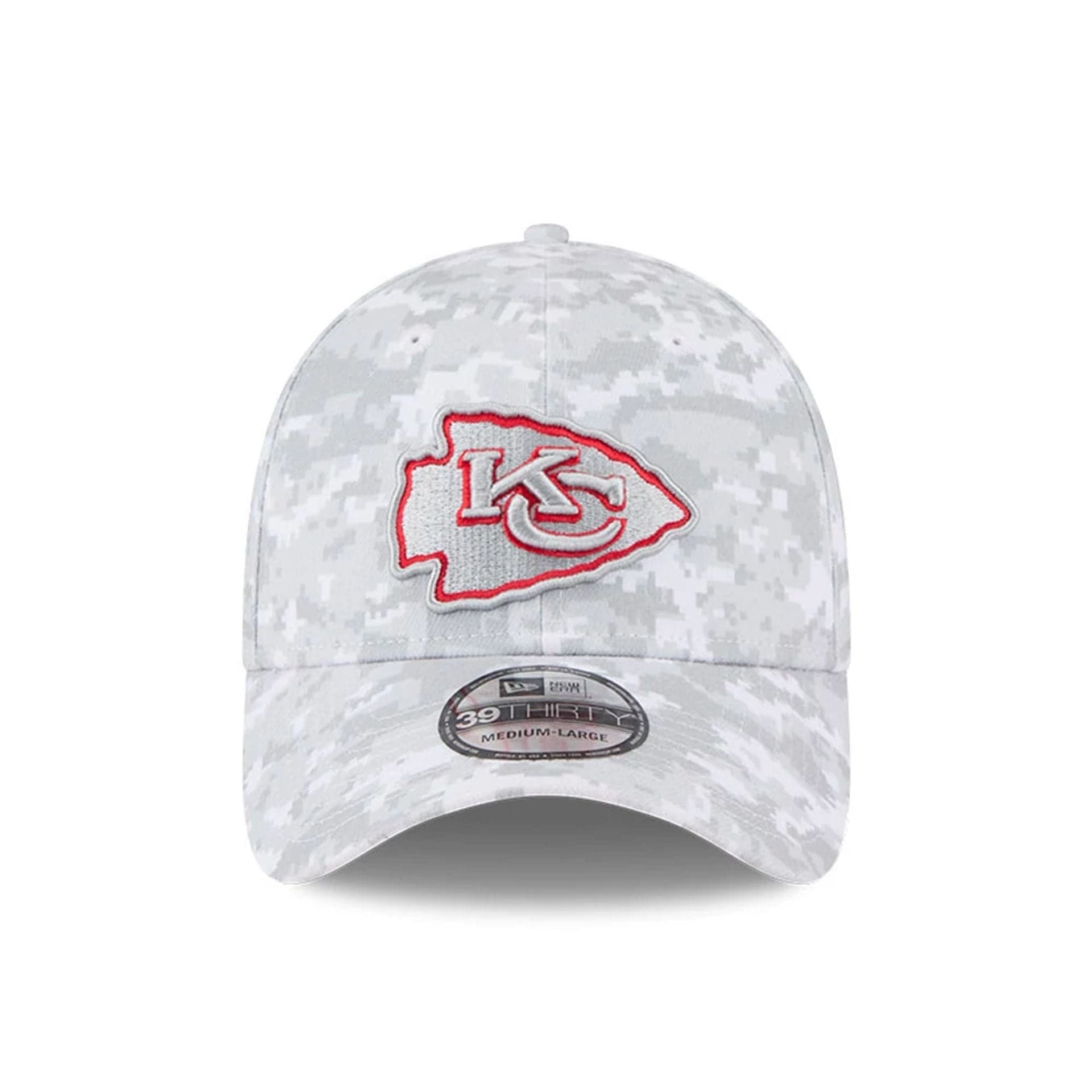 This is a Kansas City Chiefs NFL Salute To Service 2025 Grey Camo 39THIRTY Stretch Fit Cap 3