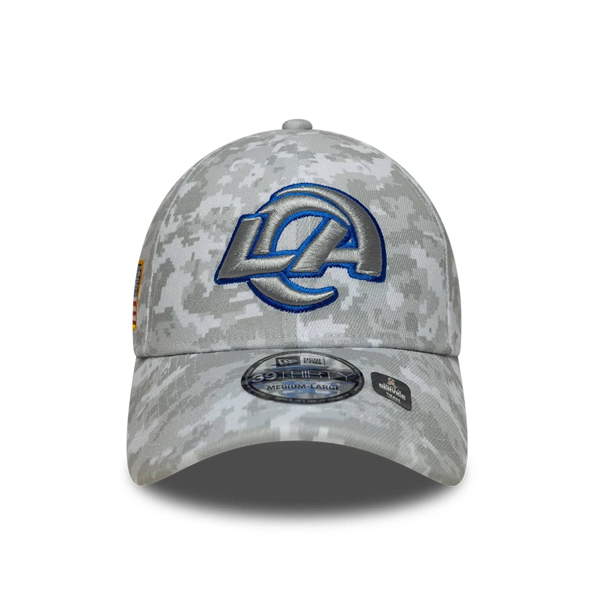 This is a LA Rams NFL Salute To Service 2025 Grey Camo 39THIRTY Stretch Fit Cap 3