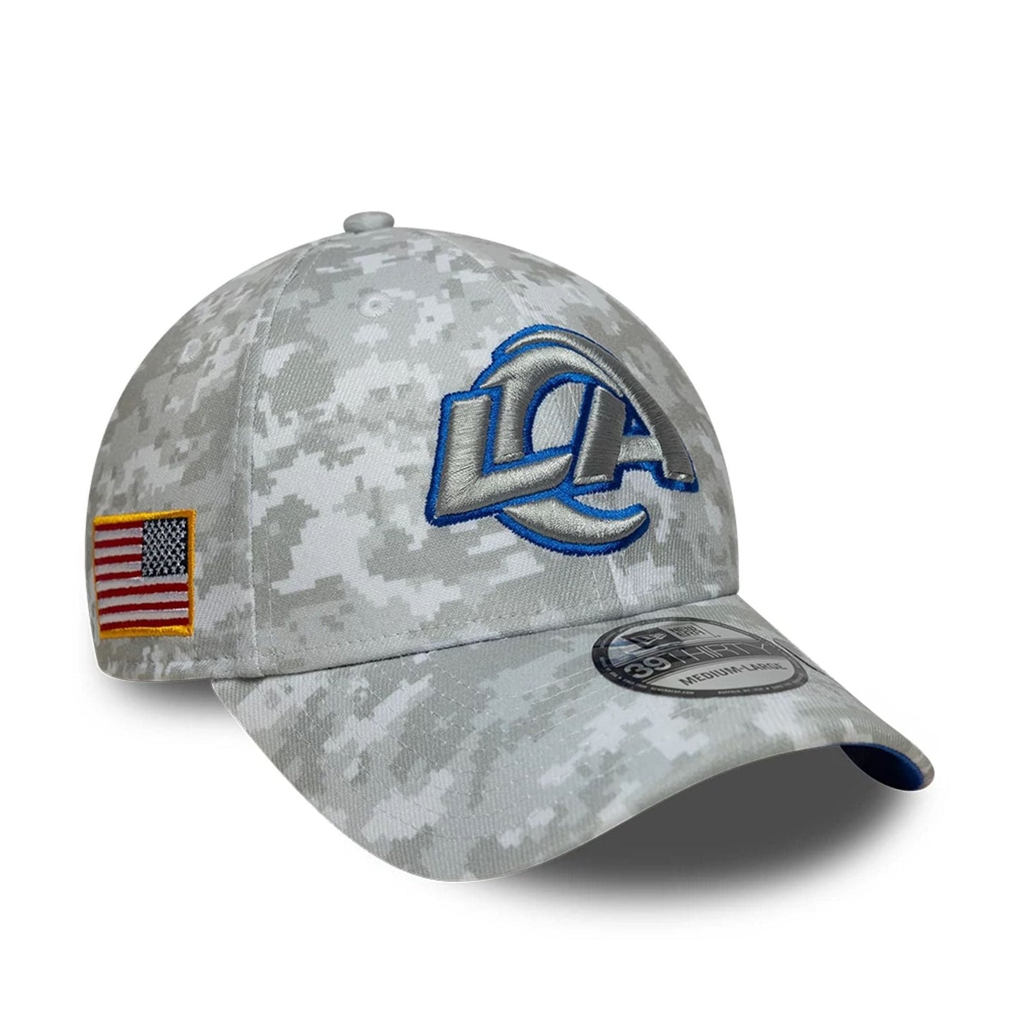 This is a LA Rams NFL Salute To Service 2025 Grey Camo 39THIRTY Stretch Fit Cap 1