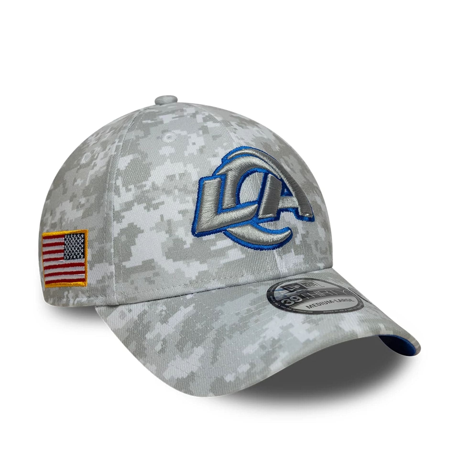This is a LA Rams NFL Salute To Service 2025 Grey Camo 39THIRTY Stretch Fit Cap 1