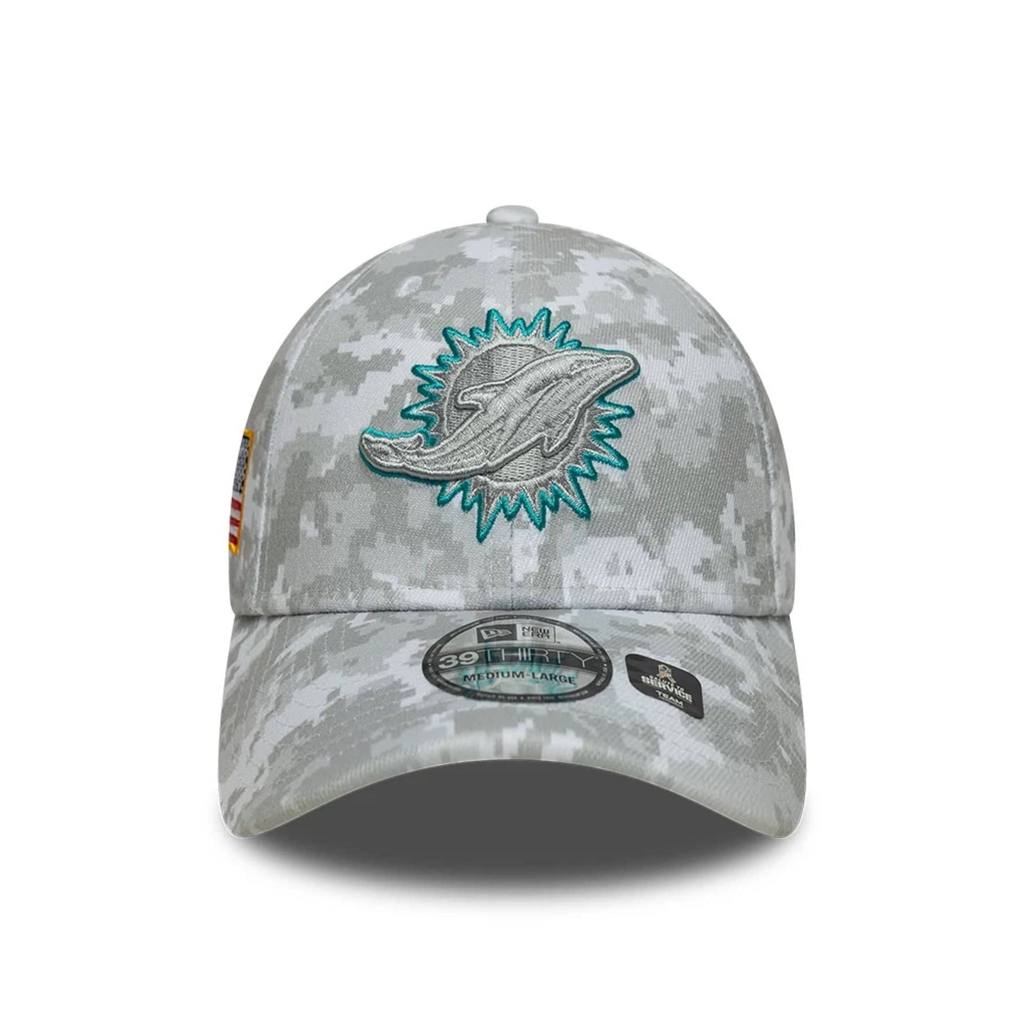 This is a Miami Dolphins NFL Salute To Service 2025 Grey Camo 39THIRTY Stretch Fit Cap 4