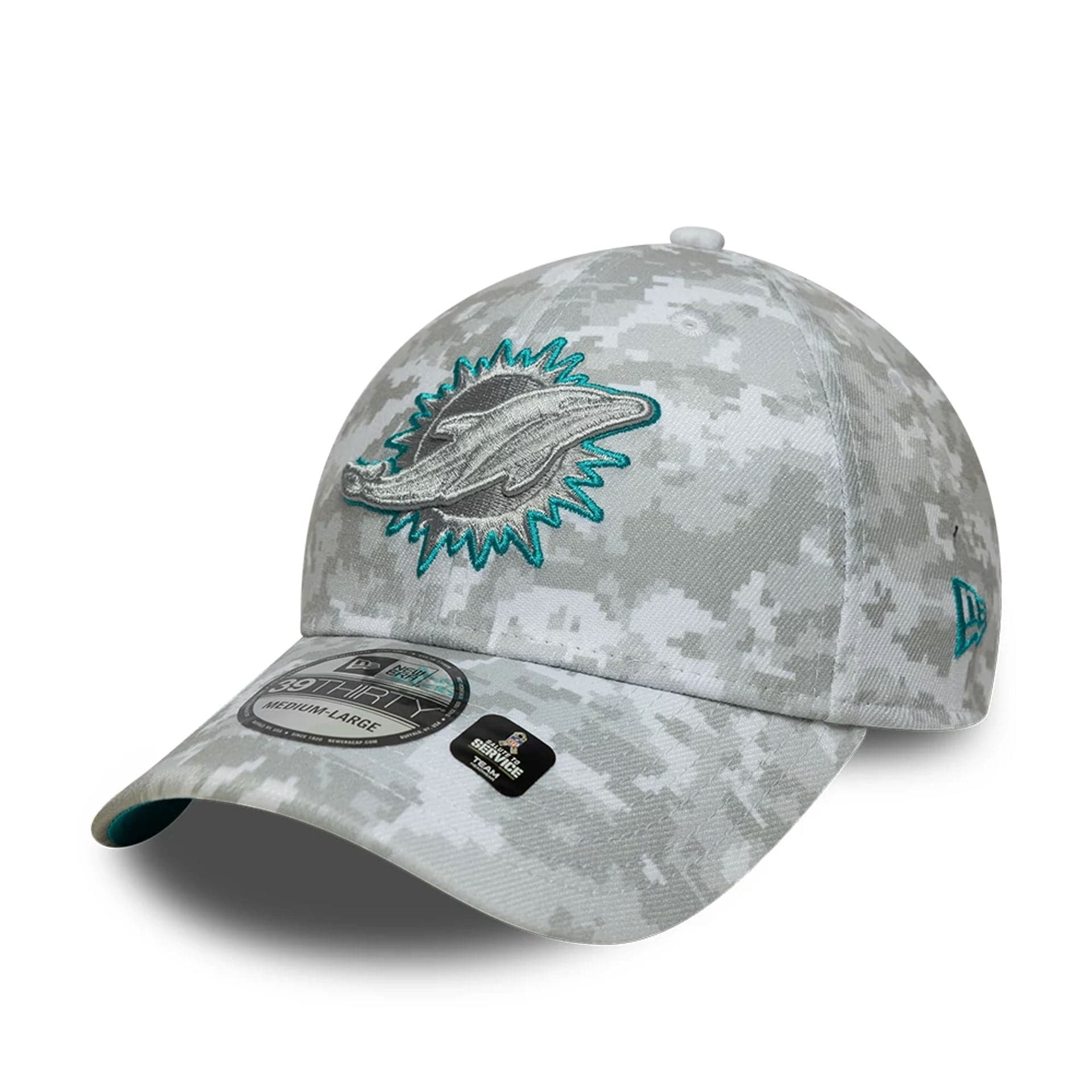This is a Miami Dolphins NFL Salute To Service 2025 Grey Camo 39THIRTY Stretch Fit Cap 8