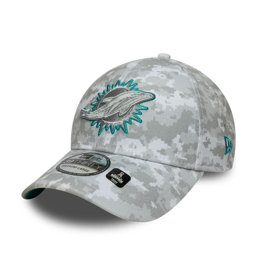 This is a Miami Dolphins NFL Salute To Service 2025 Grey Camo 39THIRTY Stretch Fit Cap 8