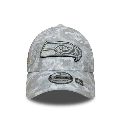 This is a Seattle Seahawks NFL Salute To Service 2025 Grey Camo 39THIRTY Stretch Fit Cap 4