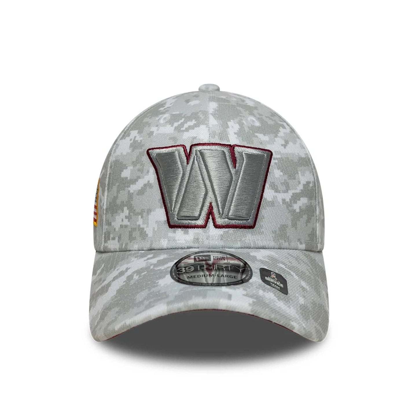 This is a Washington Commanders NFL Salute To Service 2025 Grey Camo 39THIRTY Stretch Fit Cap 4