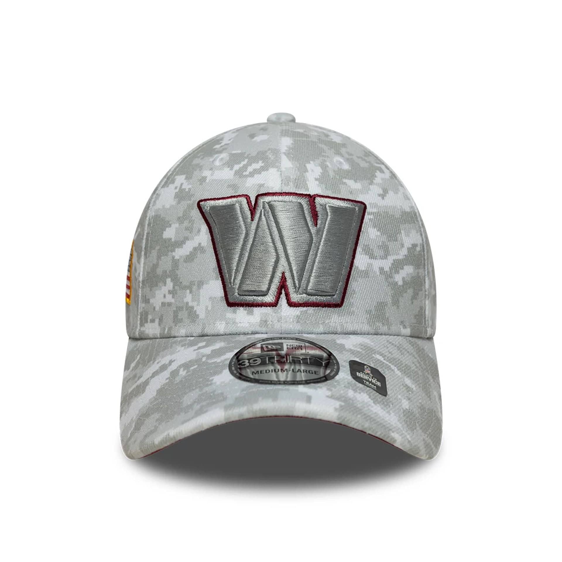This is a Washington Commanders NFL Salute To Service 2025 Grey Camo 39THIRTY Stretch Fit Cap 4