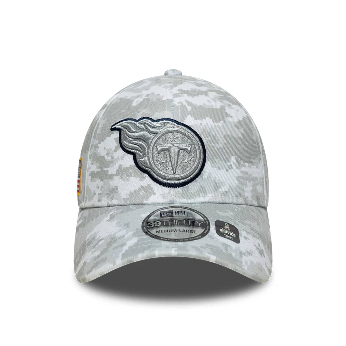 This is a Tennessee Titans NFL Salute To Service 2025 Grey Camo 39THIRTY Stretch Fit Cap 4