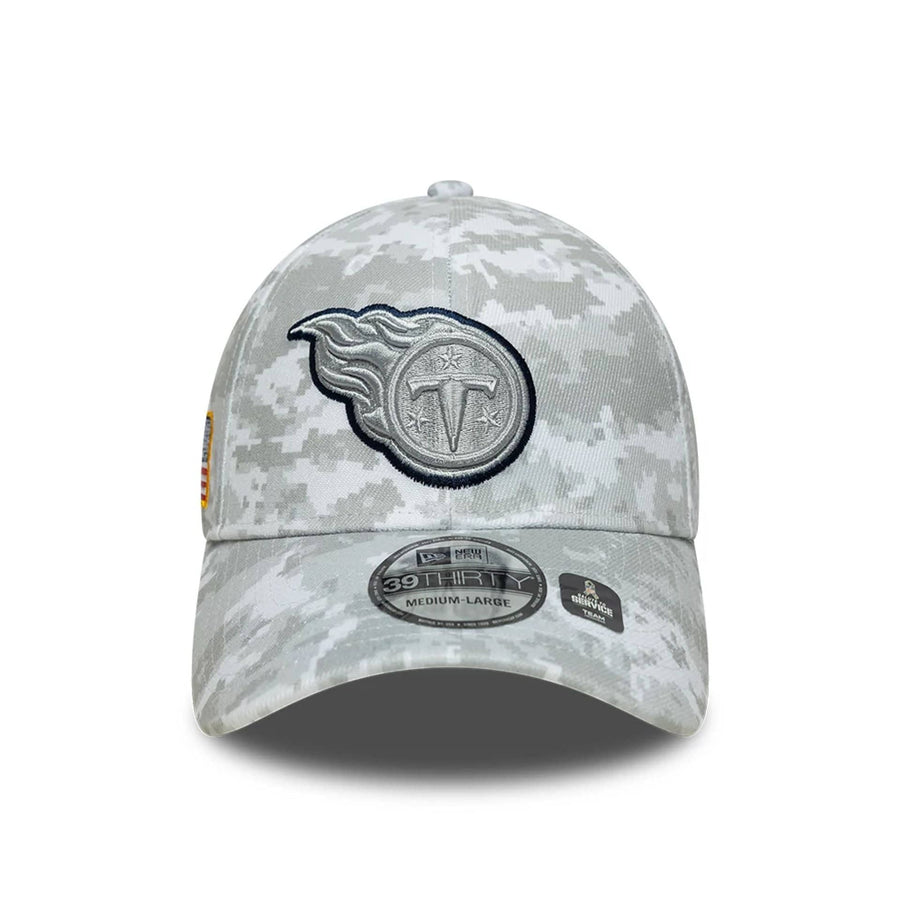 This is a Tennessee Titans NFL Salute To Service 2025 Grey Camo 39THIRTY Stretch Fit Cap 4