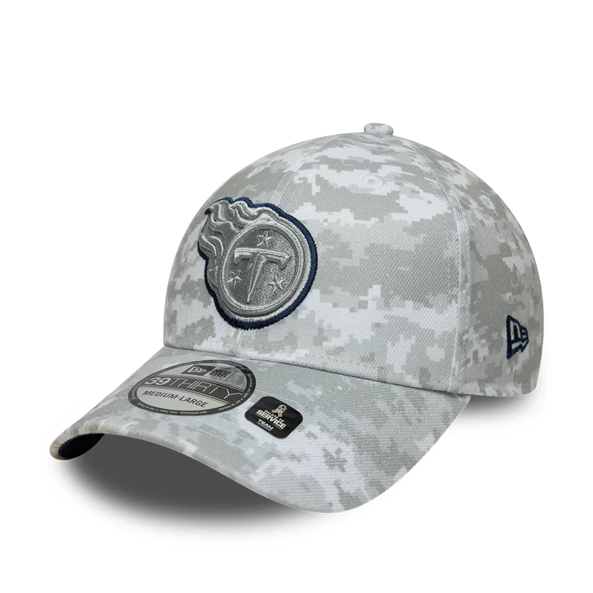 This is a Tennessee Titans NFL Salute To Service 2025 Grey Camo 39THIRTY Stretch Fit Cap 8