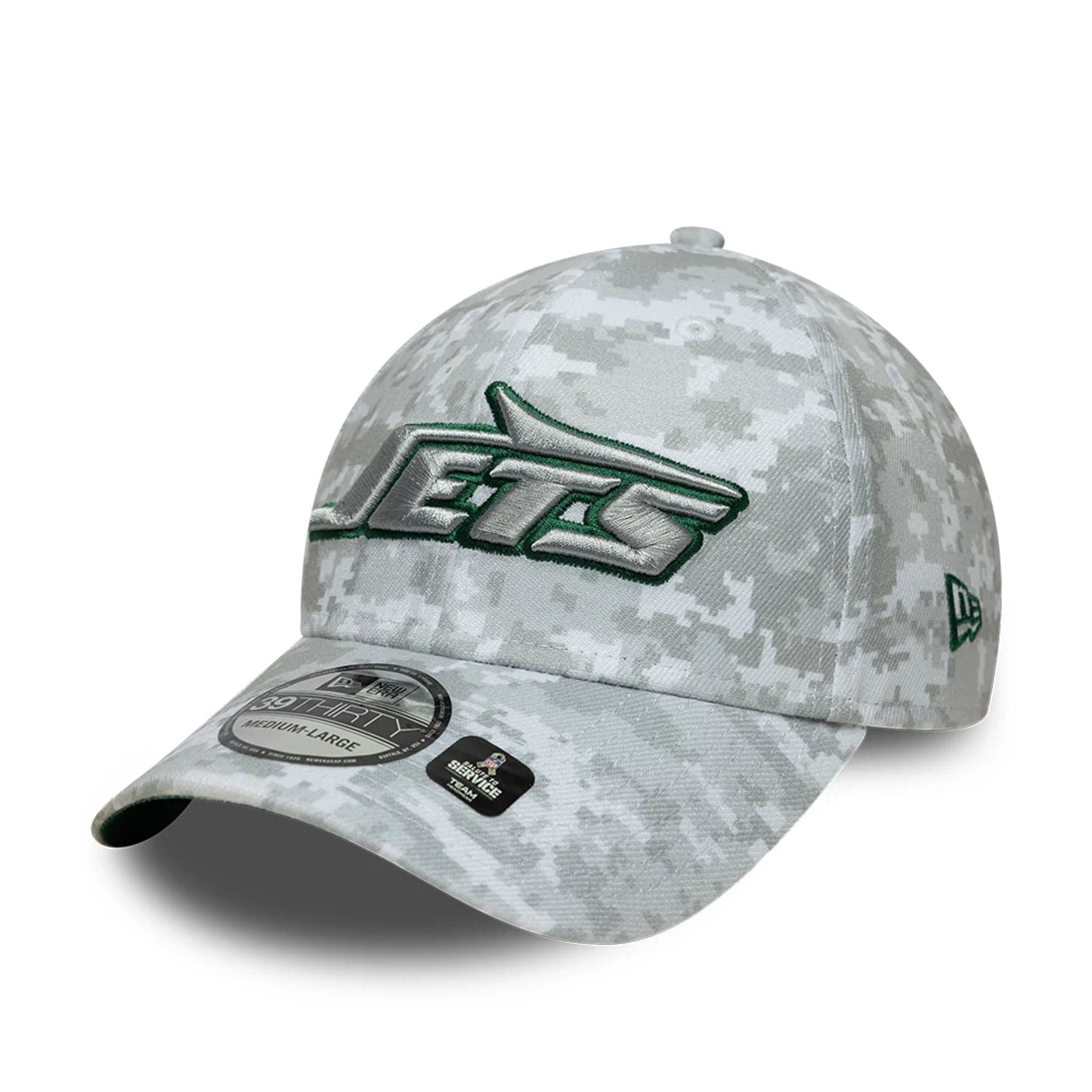 This is a New York Jets NFL Salute To Service 2025 Grey Camo 39THIRTY Stretch Fit Cap 8