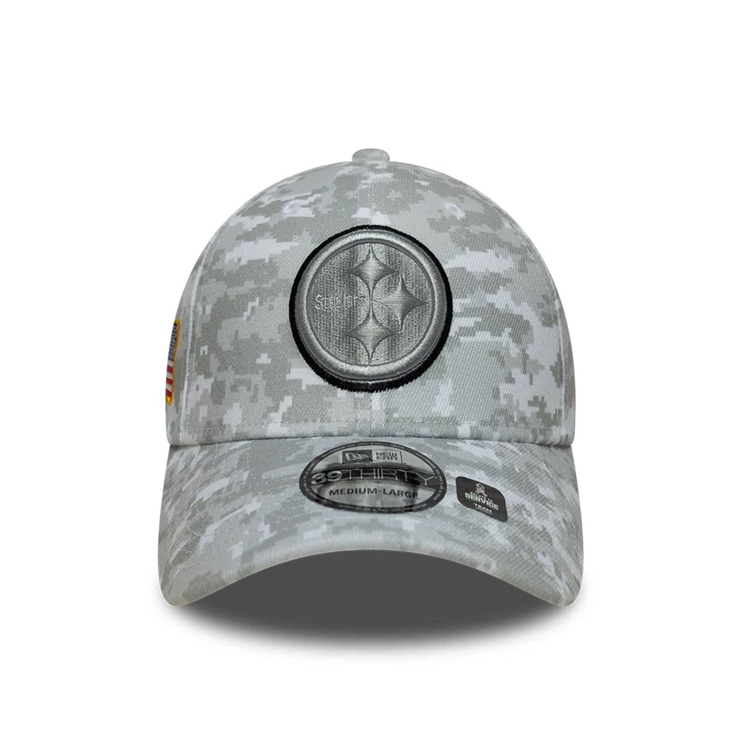 This is a Pittsburgh Steelers NFL Salute To Service 2025 Grey Camo 39THIRTY Stretch Fit Cap 4