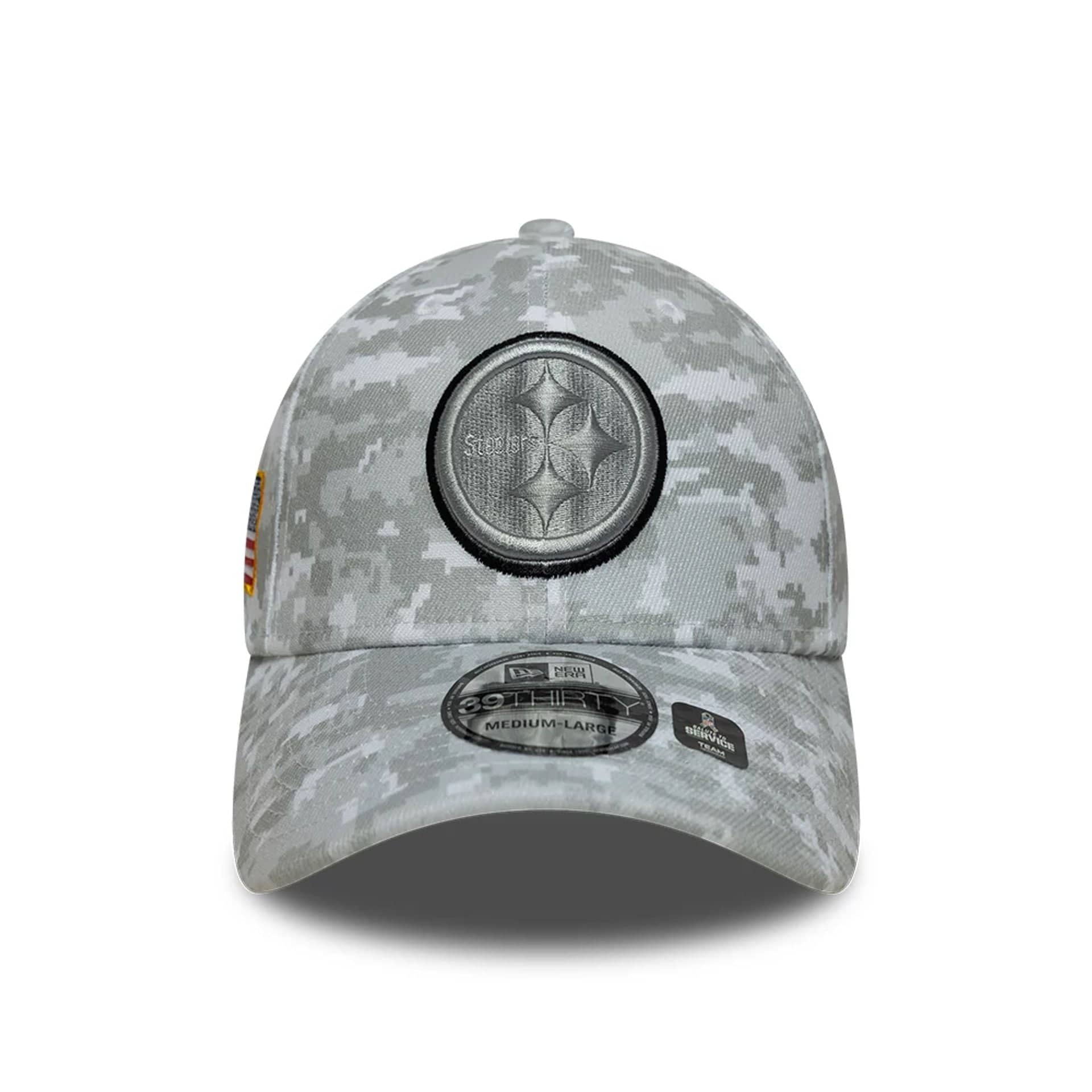 This is a Pittsburgh Steelers NFL Salute To Service 2025 Grey Camo 39THIRTY Stretch Fit Cap 4