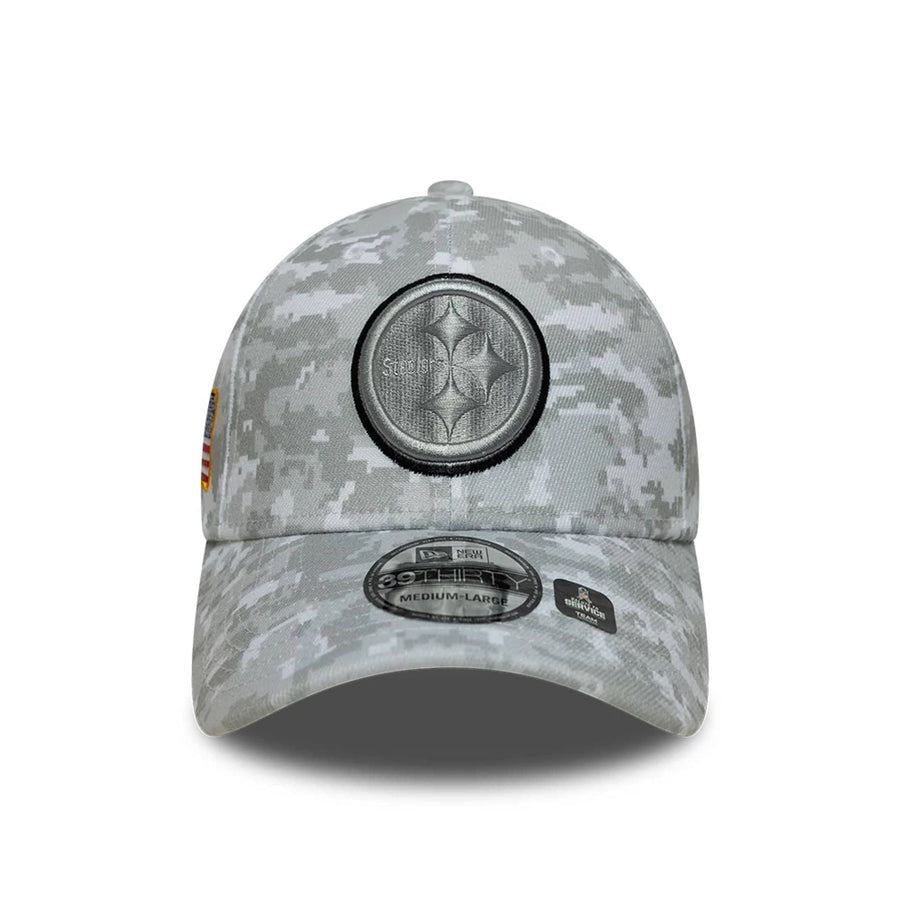 This is a Pittsburgh Steelers NFL Salute To Service 2025 Grey Camo 39THIRTY Stretch Fit Cap 4