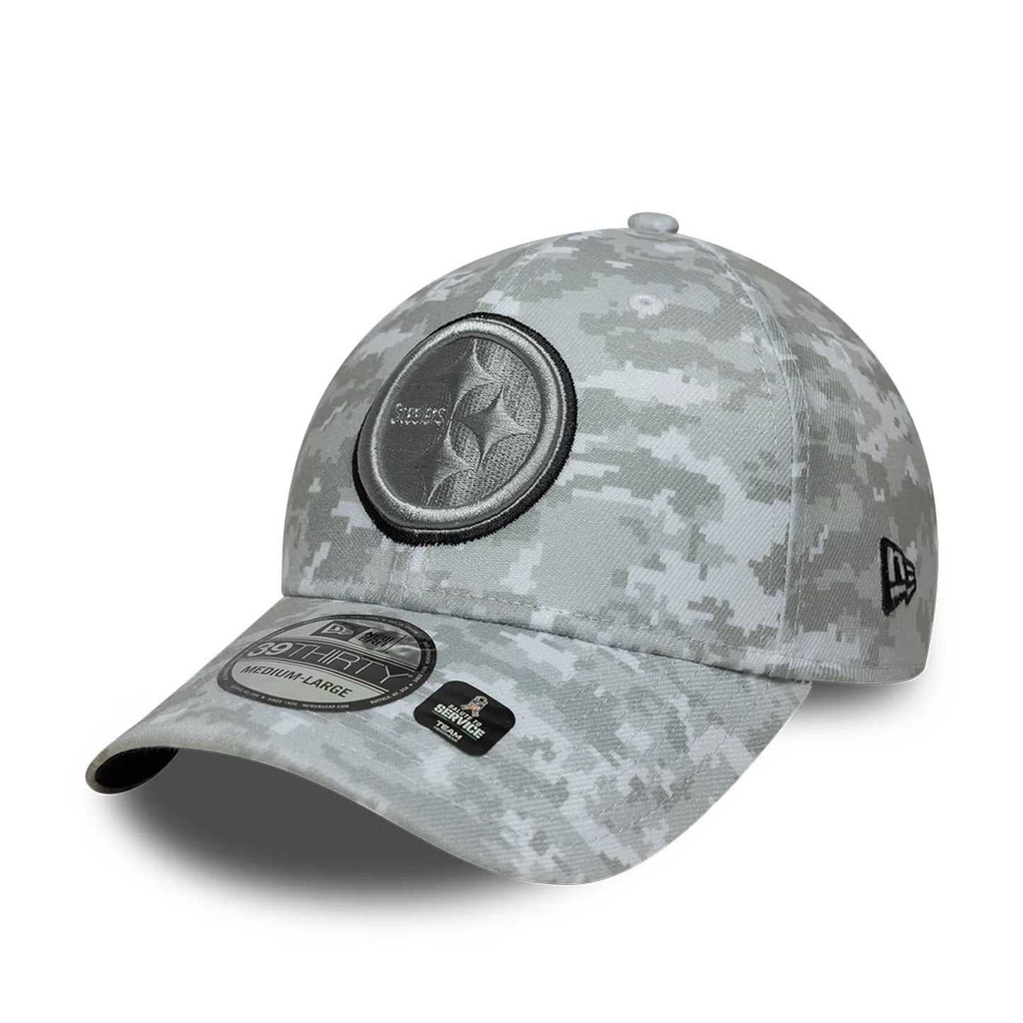 This is a Pittsburgh Steelers NFL Salute To Service 2025 Grey Camo 39THIRTY Stretch Fit Cap 8