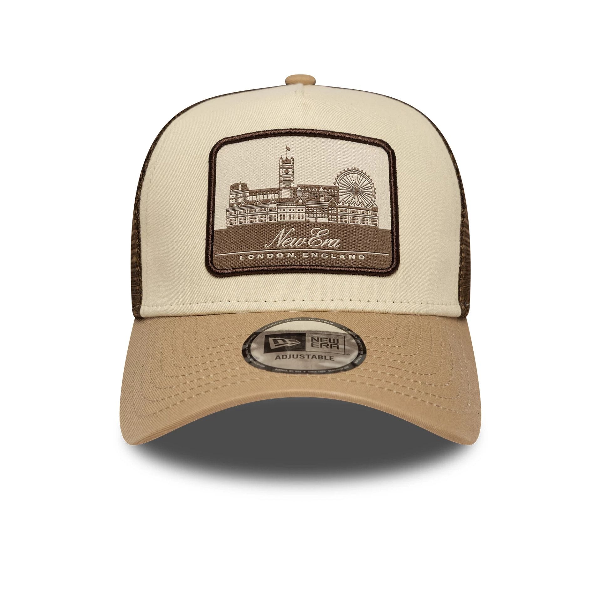 This is a New Era London Light Beige 9FORTY A-Frame Trucker Adjustable Cap 2