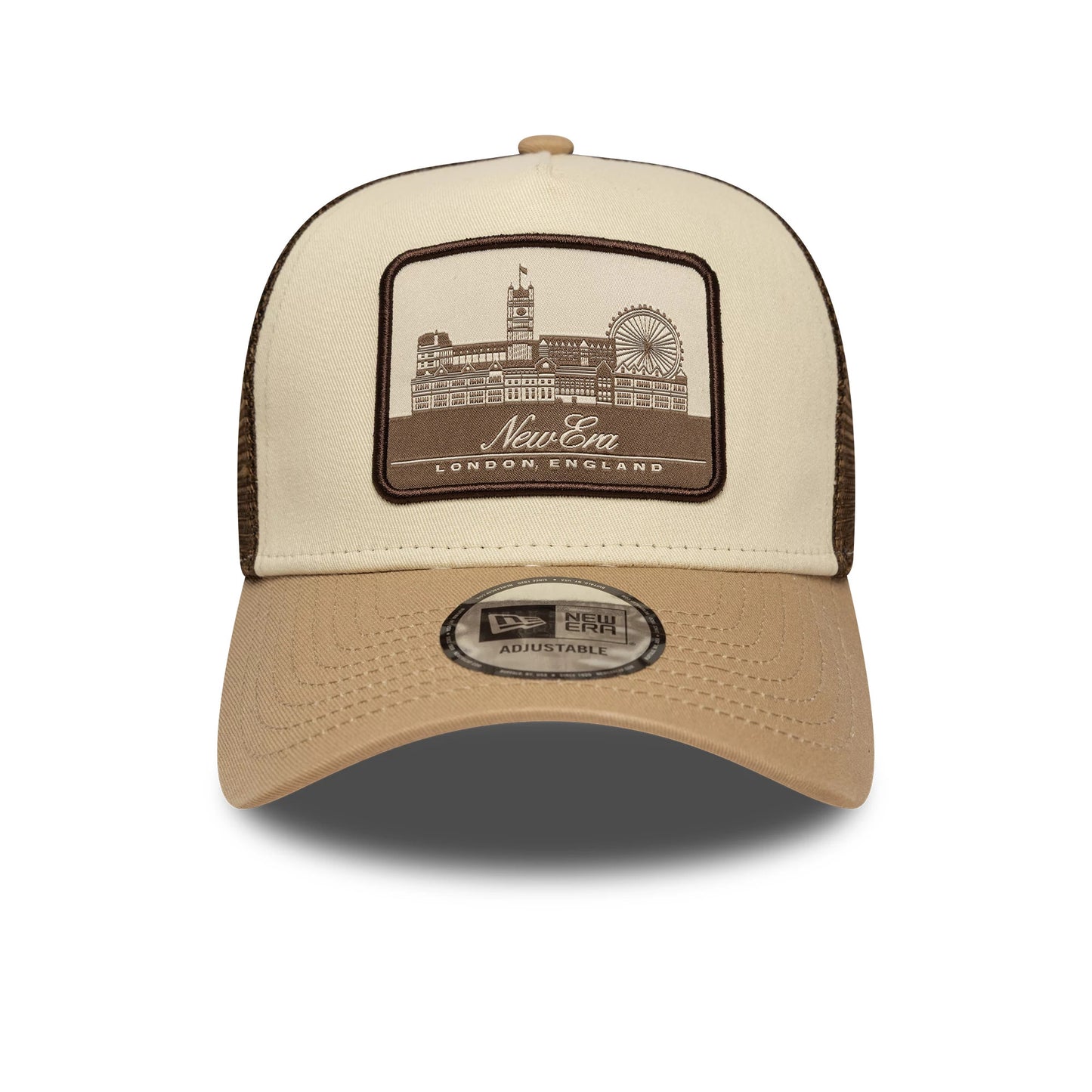 This is a New Era London Light Beige 9FORTY A-Frame Trucker Adjustable Cap 2