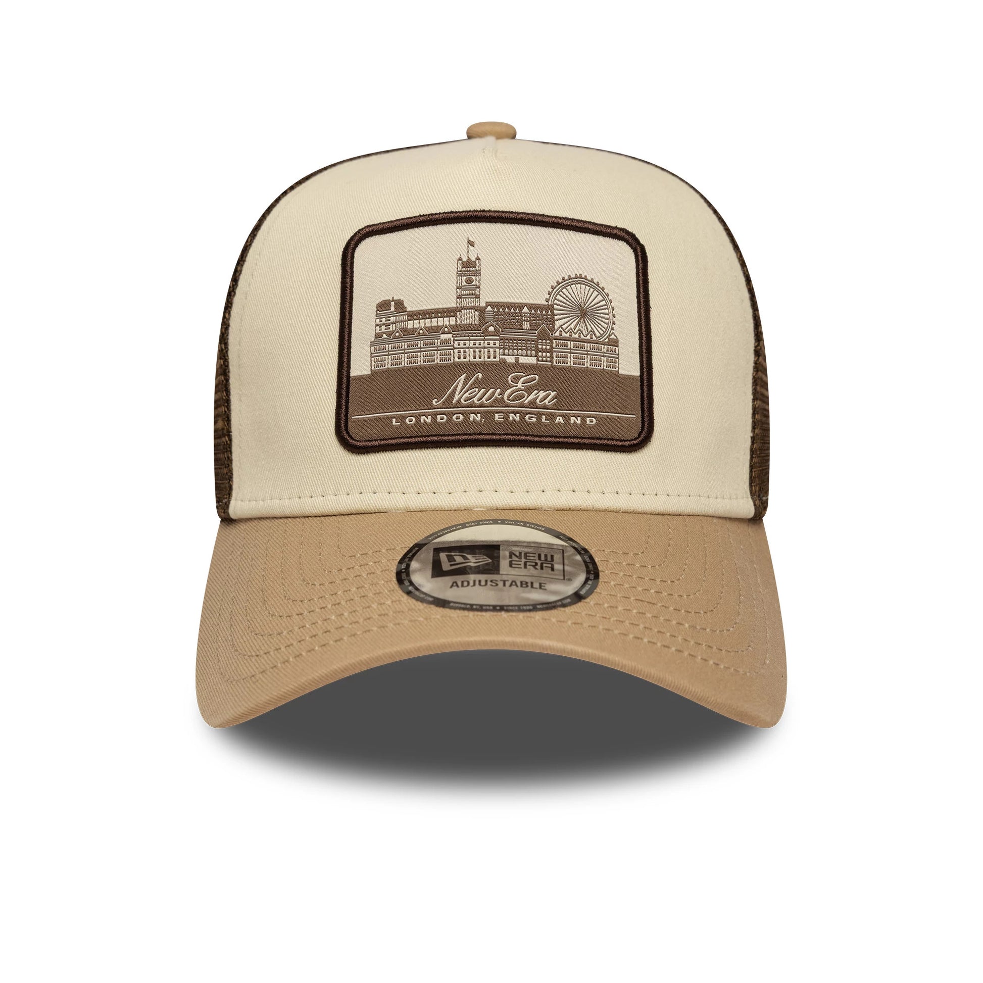 This is a New Era London Light Beige 9FORTY A-Frame Trucker Adjustable Cap 2
