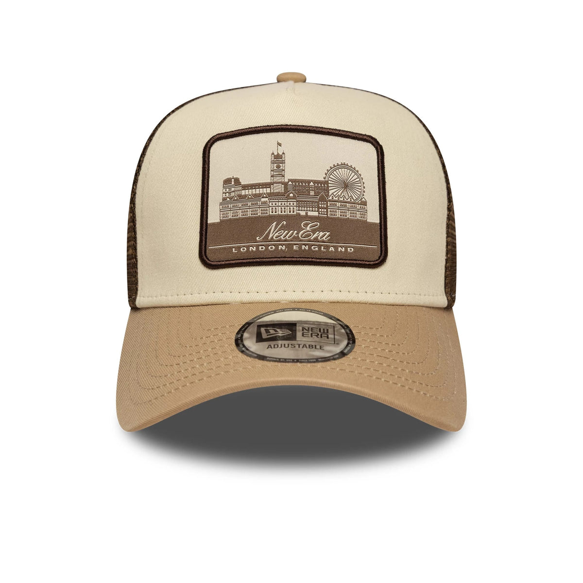 This is a New Era London Light Beige 9FORTY A-Frame Trucker Adjustable Cap 2