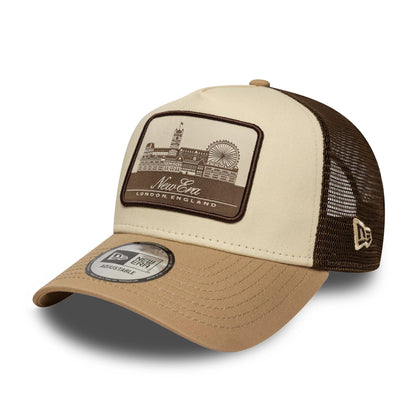 This is a New Era London Light Beige 9FORTY A-Frame Trucker Adjustable Cap 1