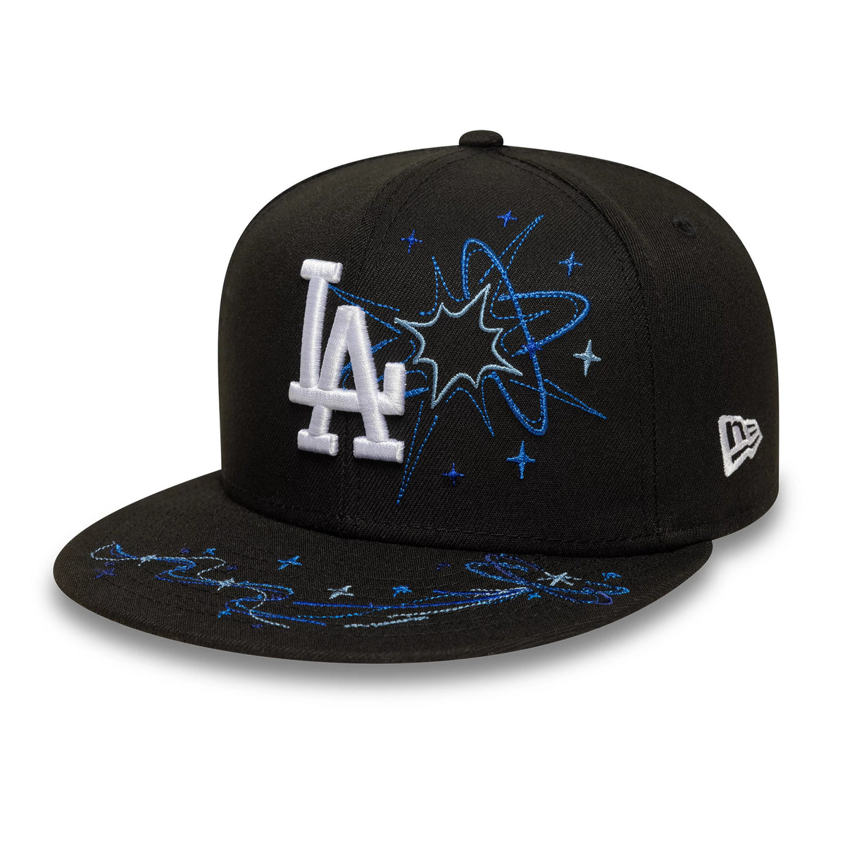 LA Dodgers MLB Zodiac Black New Era 59FIFTY Fitted Cap, three-quarter view showing a white embroidered LA logo on the front panel, with blue zodiac-inspired star patterns on the front and visor, and New Era flag logo on the left side.