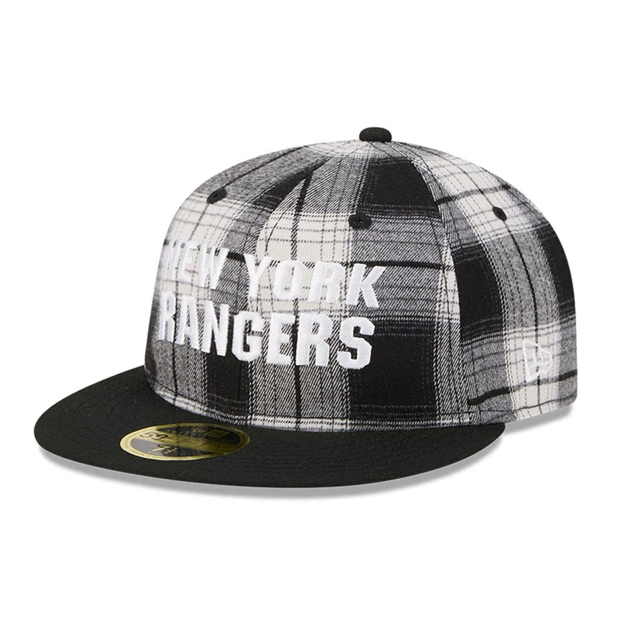 This is a New York Rangers NHL Grunge Style Plaid Black Retro Crown 59FIFTY Fitted Cap 3