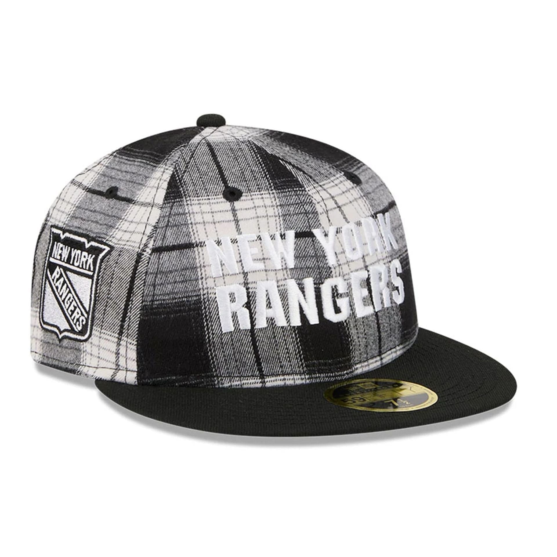 This is a New York Rangers NHL Grunge Style Plaid Black Retro Crown 59FIFTY Fitted Cap 1