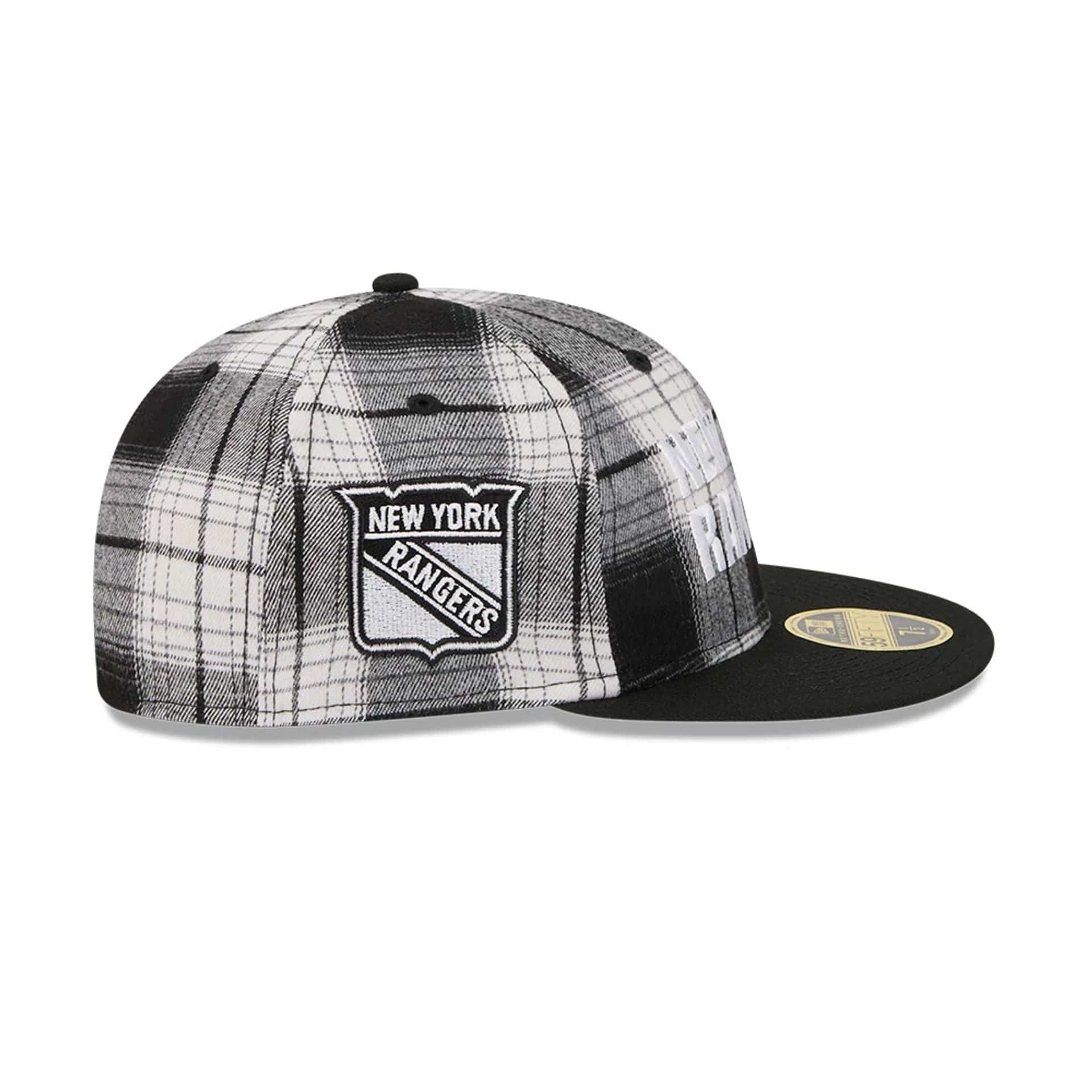 This is a New York Rangers NHL Grunge Style Plaid Black Retro Crown 59FIFTY Fitted Cap 4