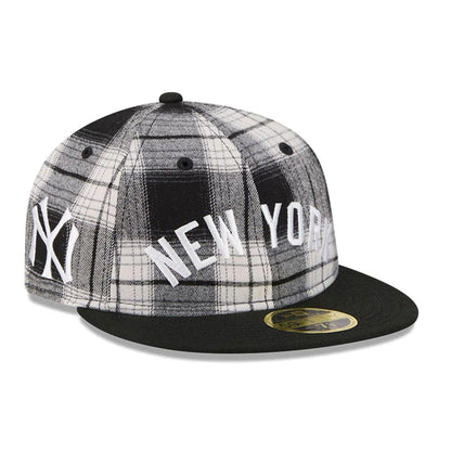 This is a New York Yankees MLB Grunge Style Plaid Black Retro Crown 59FIFTY Fitted Cap 1