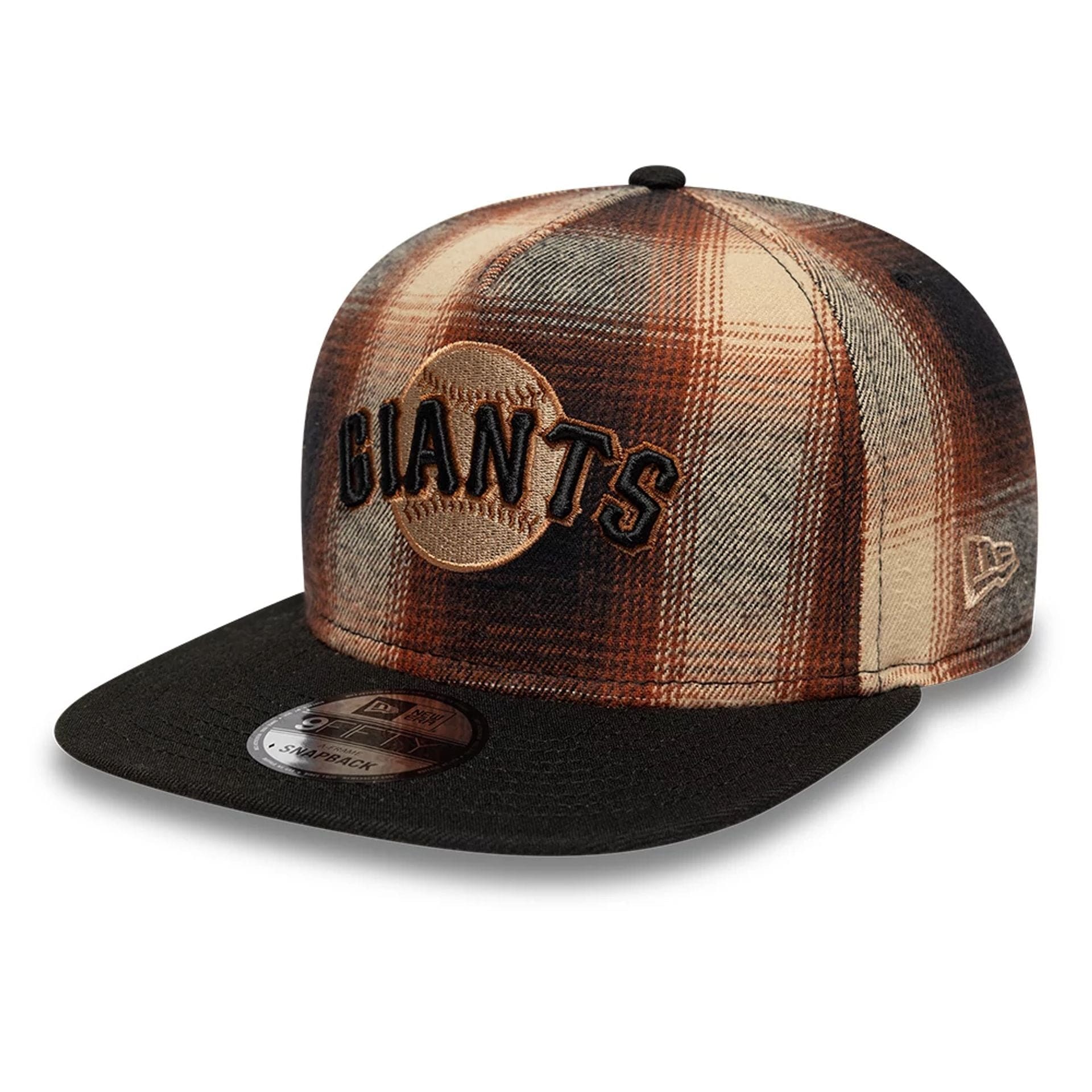 This is a San Francisco Giants MLB Grunge Style Plaid Open Brown 9FIFTY A-Frame Snapback Adjustable Cap 1
