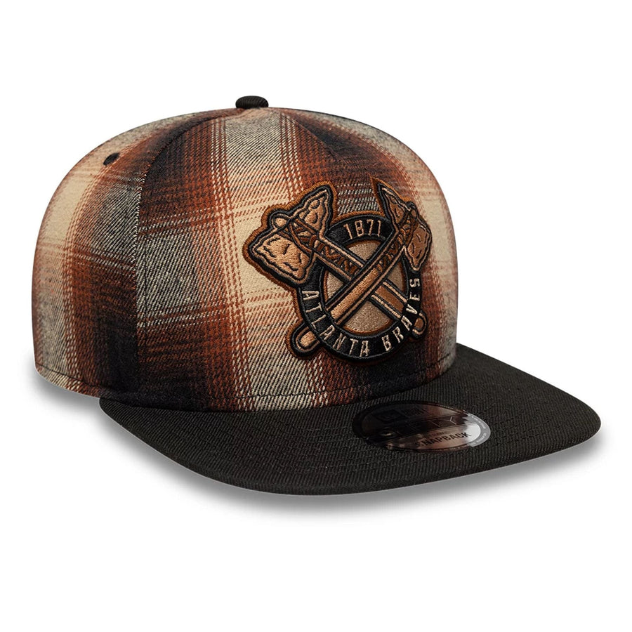 This is a Atlanta Braves MLB Grunge Style Plaid Open Brown 9FIFTY A-Frame Snapback Adjustable Cap 5