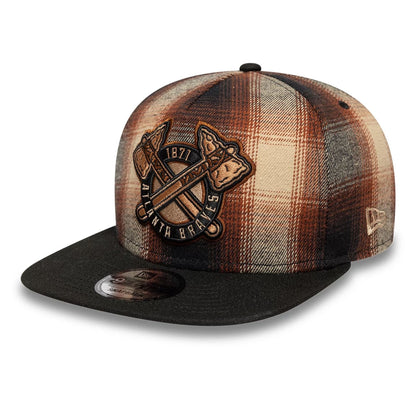 This is a Atlanta Braves MLB Grunge Style Plaid Open Brown 9FIFTY A-Frame Snapback Adjustable Cap 1