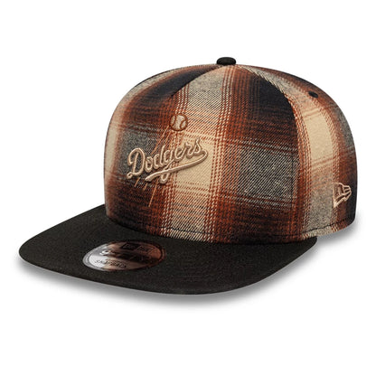 This is a LA Dodgers MLB Grunge Style Plaid Open Brown 9FIFTY A-Frame Snapback Adjustable Cap 1