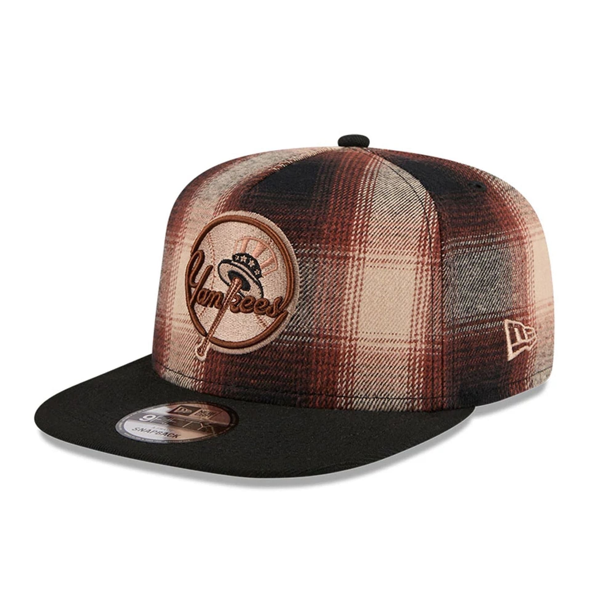 This is a New York Yankees MLB Grunge Style Plaid Open Brown 9FIFTY A-Frame Snapback Adjustable Cap 1