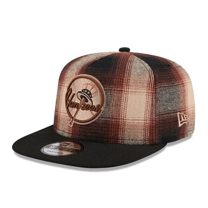 This is a New York Yankees MLB Grunge Style Plaid Open Brown 9FIFTY A-Frame Snapback Adjustable Cap 1