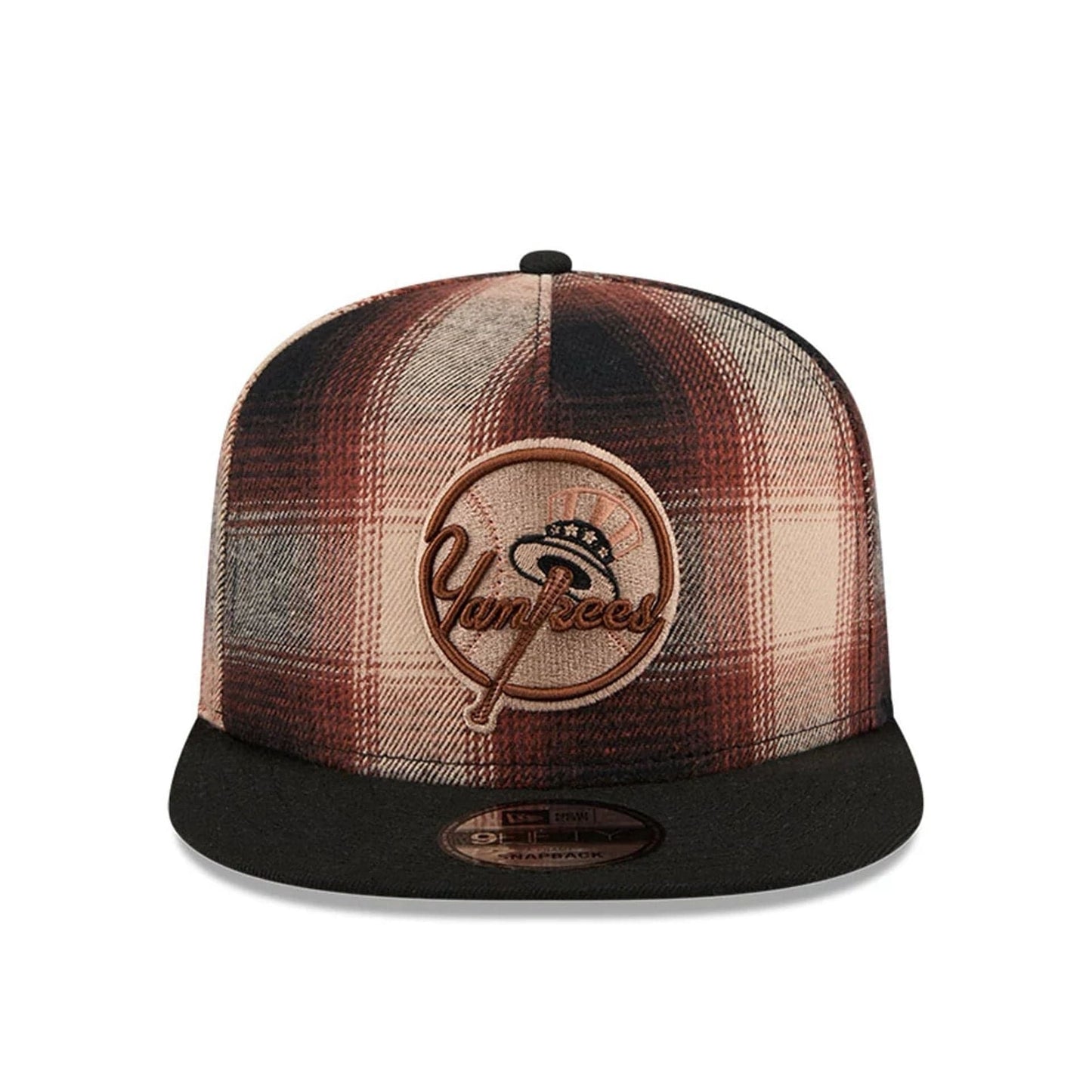 This is a New York Yankees MLB Grunge Style Plaid Open Brown 9FIFTY A-Frame Snapback Adjustable Cap 4