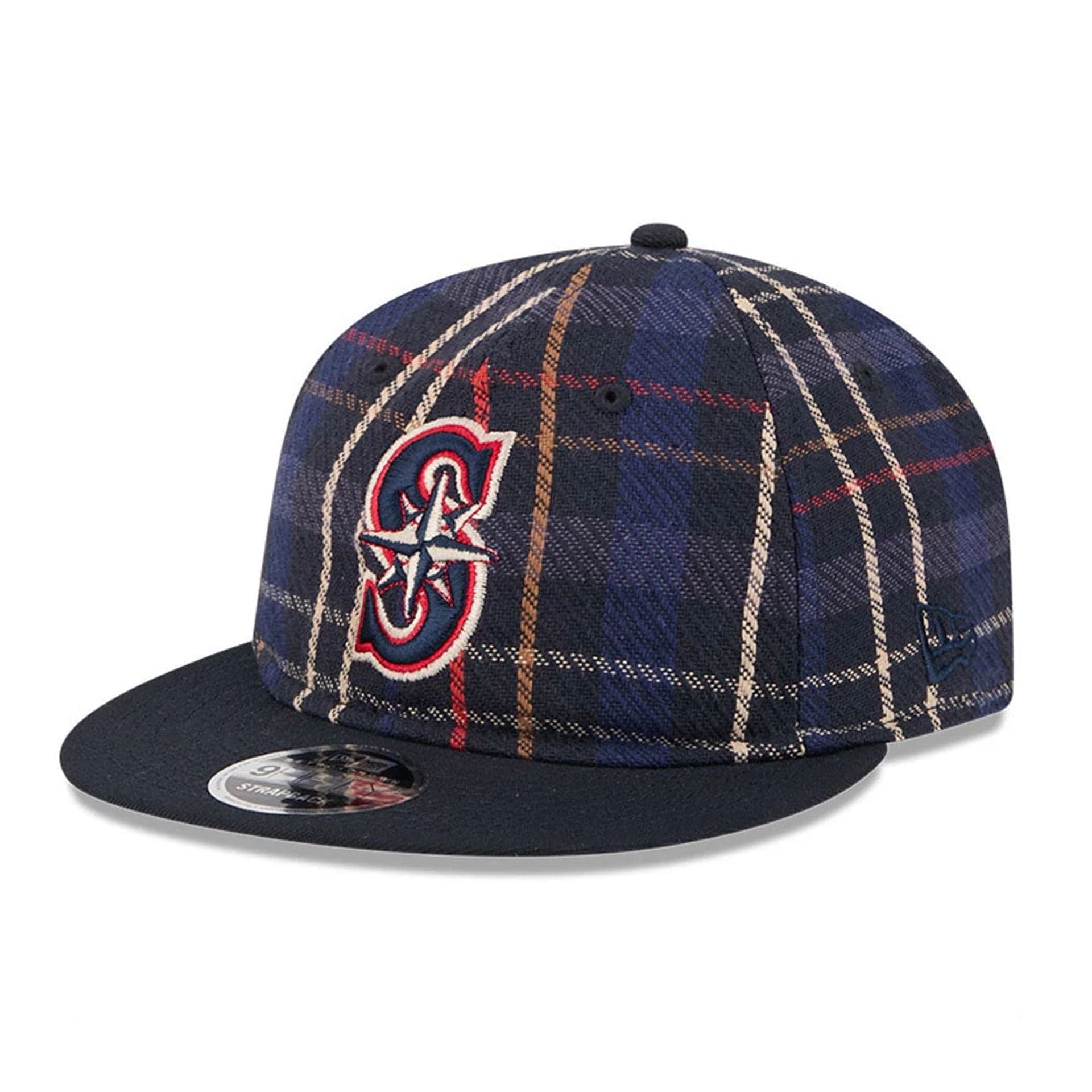 This is a Seattle Mariners MLB Grunge Style Plaid Open Blue Retro Crown 9FIFTY Adjustable Cap 1