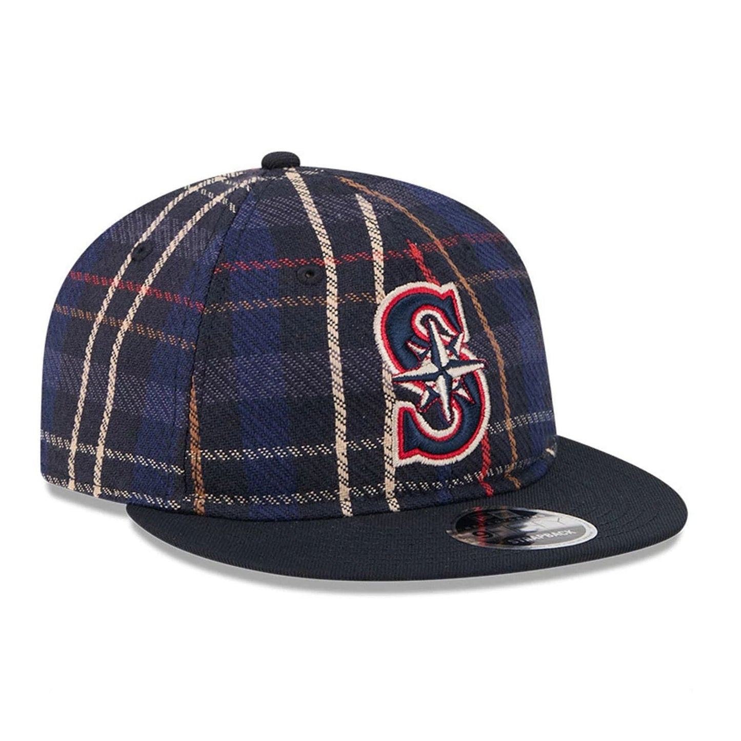 This is a Seattle Mariners MLB Grunge Style Plaid Open Blue Retro Crown 9FIFTY Adjustable Cap 4